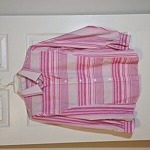 Foxcroft Sport No Iron Pink Lime Mixed Striped Button Front Collar Shirt Size 6